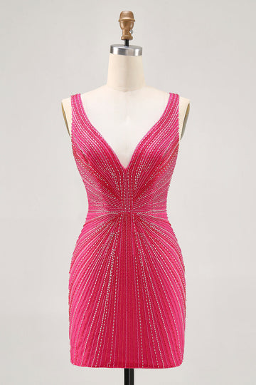 Fuchsia V-Neck Beaded Tight Homecoming Dress
